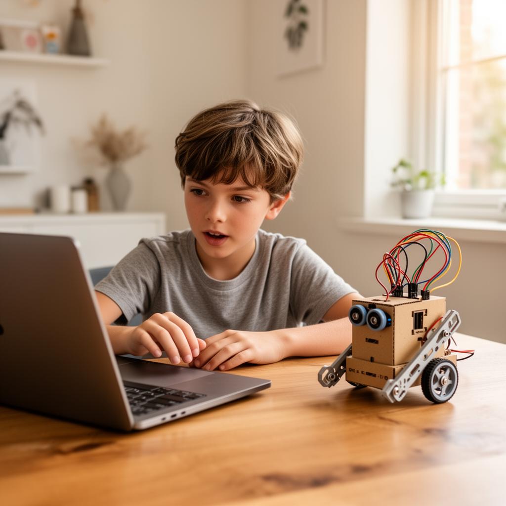 Criança programando em casa ao lado de um robô artesanal
